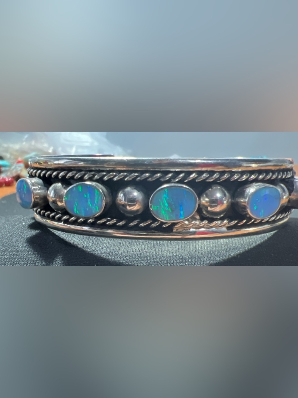 Vintage Taxco Mexico Multi Color  Opal Inlay Alpaca Handmade Bangle Bracelet
